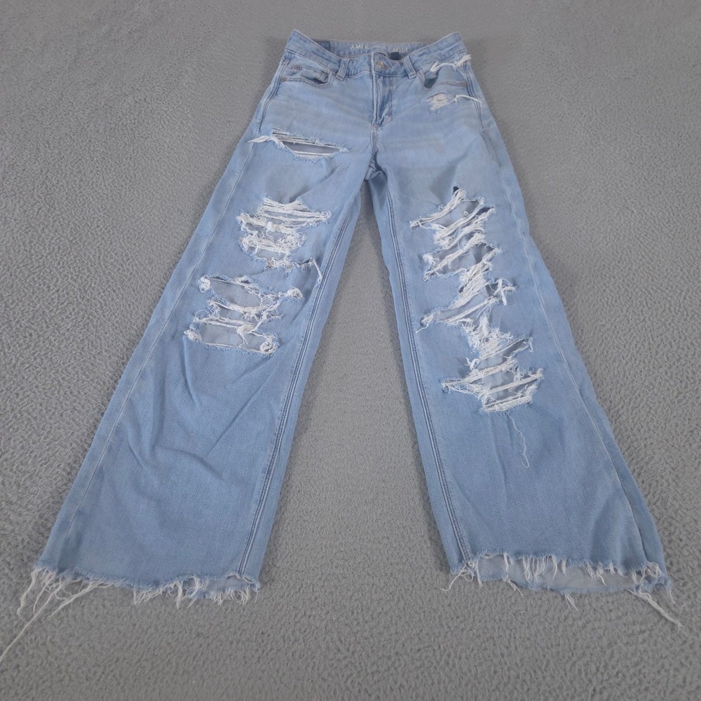 American‎ Eagle Jeans Womens 00 Light Super High-Rise Baggy Wide Leg Distressed